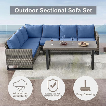 Belord Patio Sectional Furniture Set with Fire Pit Table: 8 Pieces Wicker Patio Conversation Set with L Shaped Sofa, Outdoor Swivel Glider Rocker, Rattan Ottomans, Removable Cushions Blue