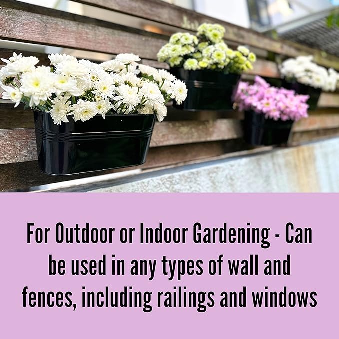 LaLaGreen Rail Planter Outdoor Plants(11.8 Inch, 10 Pack) Black Metal Iron Hanging Flower Pots Deck Railings Fence Buckets Modern Countryside Boho Style Wall Mount Window Box Plant Holder Porch Decor