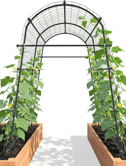 7ft Garden Arch Trellis for Climbing Plants Outdoor-Heavy Duty Metal Cucumber Trellis for Raised Beds- Tall Steel Vegetable Arbor with Strong Bolt Assembly & Outdoor-Ready Stakes
