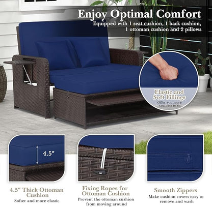 Tangkula Patio Rattan Daybed with 4-Level Adjustable Backrest, Outdoor PE Wicker Loveseat with Storage Ottoman & Folding Side Tray, Double Sunbed Lounger for Balcony, Backyard & Poolside, Navy & Brown