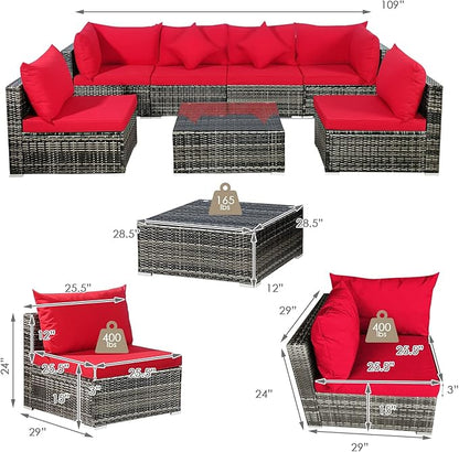 Tangkula 7 Pieces Wicker Patio Furniture Set, All-Weather Outdoor Rattan Sectional Sofa Set with Cushions & Tempered Glass Coffee Table, Outside Sofa Set for Garden, Lawn, Deck, Backyard (Red)