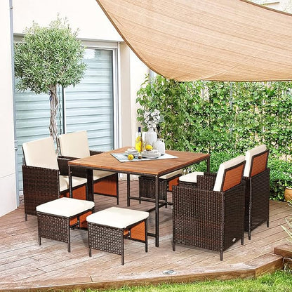 Tangkula 9 Pieces Patio Acacia Wood Table and Chairs Set with Umbrella Hole, Outdoor Space Saving Outdoor Dining Set,for Garden,Yard,Poolside