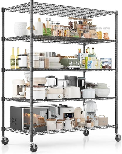 Xcity Storage Shelves, 5 Tier Heavy Duty Metal Shelving Unit with Wheels, 3000 LBS Capacity Adjustable Steel Wire Shelf Organizer for Pantry, Kitchen, Garage, 24" D x 55" W x 72" H, Black