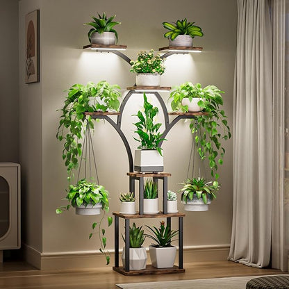 Elbourn Plant Stand Indoor with Grow Lights - 60" Tall Metal Plant Shelf for Multiple Plants, 8 Tiered Corner Plant Stands for Indoor Plants, X - Shaped Decorative Rack for Home, Living Room & Patio Decor (Brown)