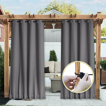 NICETOWN 2 Panels Outdoor Curtains Waterproof Grommet & Back Tab on Top & Bottom, Thermal Insulated Fixed Windproof Blackout Outdoor Drapes Privacy for Patio with Rope for Fixed, W52 x L95, Grey