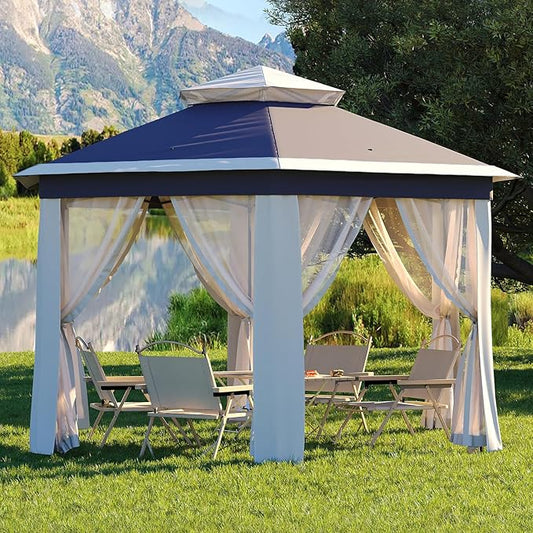 Garvee Pop Up Gazebo Screen Tent,Hexagonal Instant Gazebo Tent with Mosquito Netting Outdoor Canopy,6 Sided Sun Shelter 13x13ft with Mesh Netting,Pavilion Tents for Patio,Blue+Beige