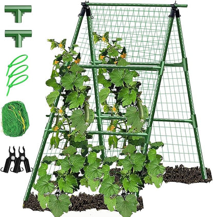 A-Frame Metal Garden Trellis Set for Raised Bed for Climbing Plants Outdoor-Detachable Cucumber Climbing Trellis with Net Clips-Garden for Cucumber Flowers Vegetables