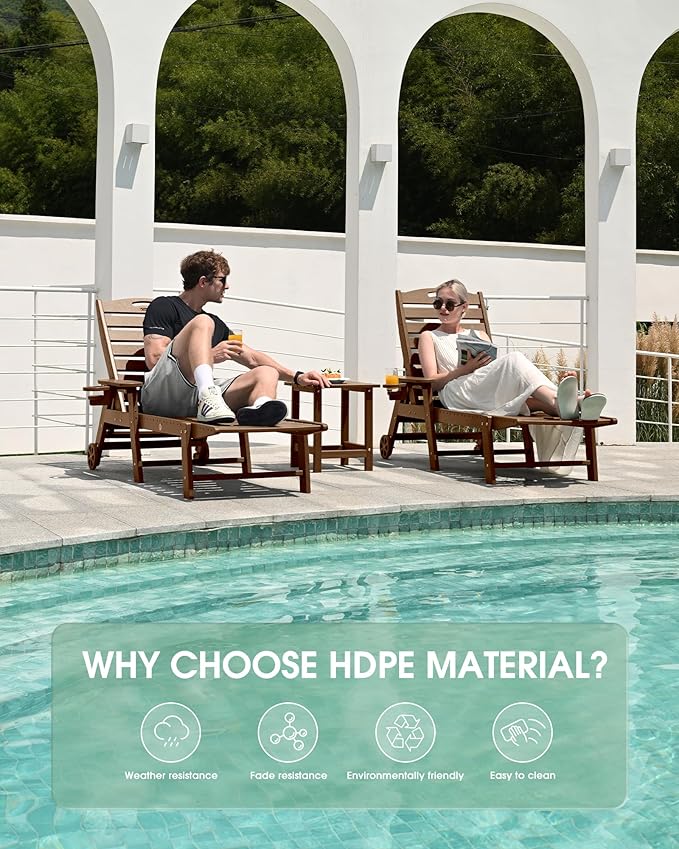 Lounge Chair Outdoor Set of 2, HDPE Chaise Lounge Outdoor, Pool Lounge Chair for Pool Poolside Deck Backyard Patio, Teak