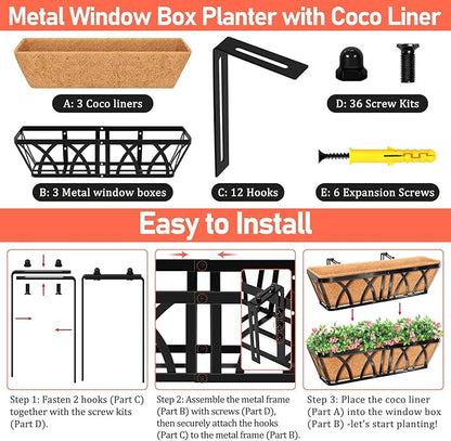 Riare 3 Pack 24 Inch Metal Railing Planter Window Box with Coco Liner- Adjustable Window Flower Boxes for Railings, Hanging Rail Planters for Deck, Balcony, Porch, Fence, Indoor Outdoor Plants