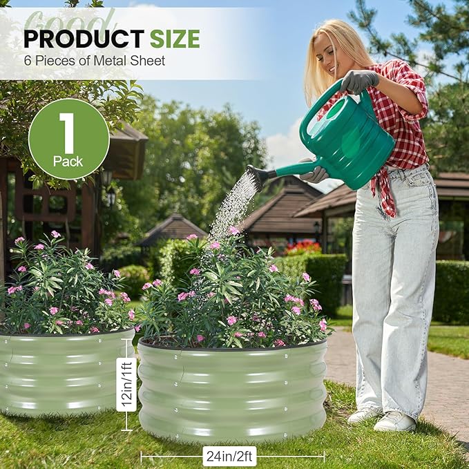 G GOOD GAIN Round Raised Garden Bed - 1Pc 2x2x1ft Galvanized Steel Planter Boxes Outdoor with Rubber Edge Trim | Metal Raised Beds for Gardening Vegetables Flowers Fruits Herbs (Olive Green)