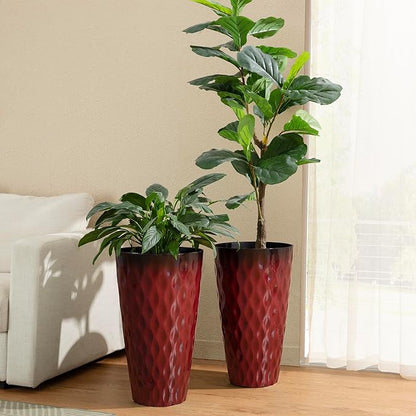Glitzhome 23.75" H Tall Outdoor Planter, Set of 2 Wavy Texture Red Large Planters for Outdoor Plants, with Drainage Hole, Plastic Round Decorative Tall Flower Pots for Indoor Outdoor, Front Porch
