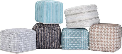 SIMPLIHOME Noreen Square Pouf - 18 inch Wide Upholstered Handwoven Cotton Ottoman in Light Blue and White, Boho Footstool or Extra Seating for Living Room with Polystyrene Filling, Assembled