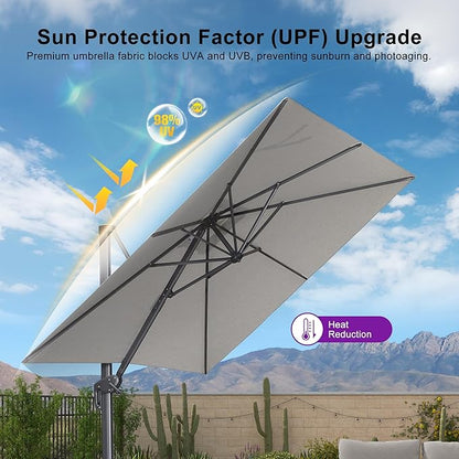 PURPLE LEAF 8 FT Outdoor Umbrella with Base Patio Cantilever Aluminum Umbrella with 3 Years Fade Resistance Recycled Fabric Offset Square with 360-degree Rotation for Deck Garden, Pebble Grey