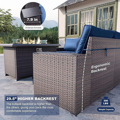 Kullavik 13 Pieces Outdoor Patio Furniture Set with 43" 55000BTU Gas Propane Fire Pit Table PE Wicker Rattan Sectional Sofa Patio Conversation Sets,Navy Blue