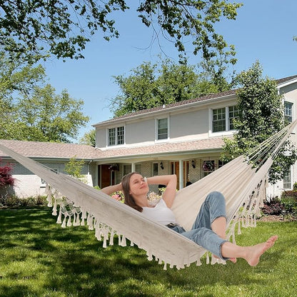Hammock Hanging Swing Double Max 500lbs Macrame for Indoor Outdoor Patio Yard Garden (Beige)