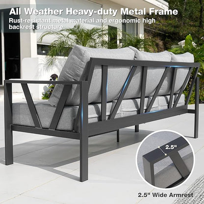 Outdoor Patio Furniture Set, 4 Pieces Metal Patio Furniture Set with Coffee Table, Modern Outdoor Patio Conversation Seating Set with 6” Thick Cushions, Light Grey