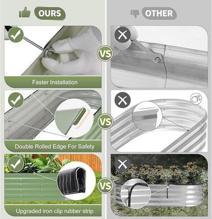 Galvanized Raised Garden Bed - 8x2x1.4FT Metal Planter Boxes Outdoor | Oval Steel Raised Bed Kit for Gardening with Protective Tape, Bracing Rods, Gloves for Vegetables, Flower, Herb (Green)