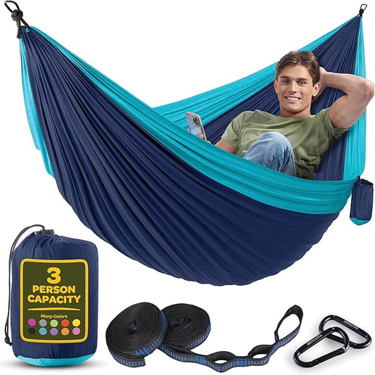 Durable Hammock 550 lb Capacity, Nylon Camping Hammock Chair - Double or Single Sizes w/Tree Straps and Attached Carry Bag - Portable for Travel/Backpacking/Beach/Backyard (X-Large, Blue & Light Blue)