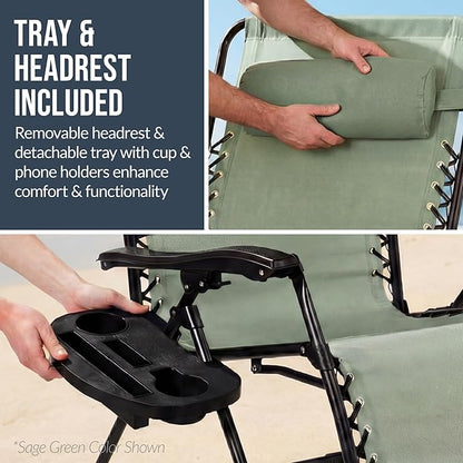Best Choice Products Set of 2 Extra Wide Adjustable Steel Mesh Zero Gravity Lounge Chair Recliners w/Pillows and Cup Holder Trays - Sage Green Stripes