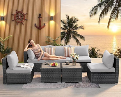 NICESOUL 7 Pieces Comfy 29.3'' High Back Outdoor Furniture Sofa Set, Extra Large Size Grey PE Wicker Patio Modular Sectional with Side Tables, All-Weather Rattan Conversations for Backyard Deck,Gray