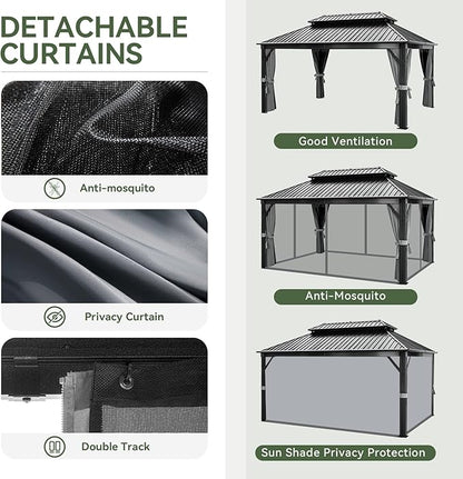 Aoxun 12FT X 16FT Hardtop Gazebo, Outdoor Pergolas with Mosquito Netting and Curtains, Galvanized Steel Double Roof Permanent Aluminum Gazebo, for Gardens, Decks, Patios, Parties