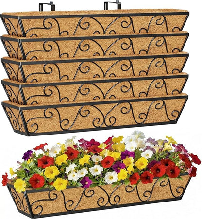 6pcs 30 Inch Window Deck with Coco Liner, 30" Window Boxes Horse Trough with Coconut Coir Liner, Metal Hanging Flower Planter Window Basket Deck Railing Planter Boxes for Outdoor Indoor Lawn