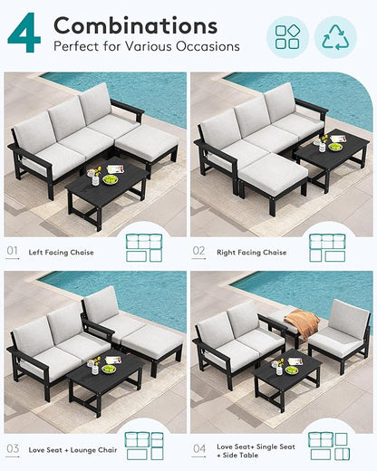 SERWALL Outdoor Sectional Sofa Set, 5-piece Outdoor Modula Couch Set with Ottoman, All Weather Patio Furniture Set with Chaise for Deck, Lawn, Black Frame with Khaki Cushion