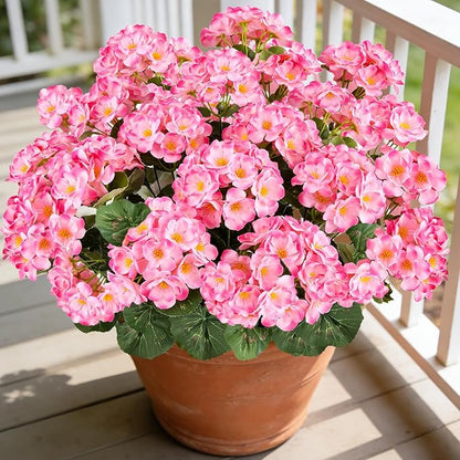 Artificial Geraniums Flowers for Outdoors, 6 Bundles Realistic Silk Fake Geranium, No Fade Faux Plants for Hanging Baskets, Window Boxes, Pots - Porch, Patio, Garden Decor(Pink)