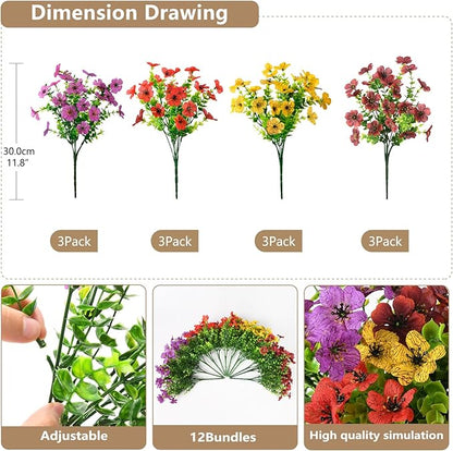 Artificial Flowers Faux Plants Outdoor Fake Flowers Spring Decor,12 Bundles Outdoor Flower Plastic Plant Colorful Daisy UV Resistant for Porch Patio Yard Garden Pot Planters