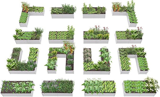 A ANLEOLIFE Set of 16, 18 Inch Tall Galvanized Raised Garden Beds Kit, Rectangular,U-Shaped & L Shaped Metal Planters – Ideal for Backyard Structured Garden Layouts, Antique White