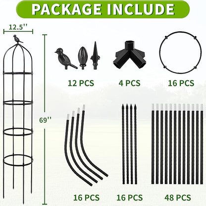 4-Pack 6FT Garden Obelisk Trellis for Climbing Plants,Adjustable 4-Tier Metal Plant Support,Rustproof Outdoor Plant Tower with 3 Decorative Tops for Roses,Tomatoes,Clematis & Vines,Black