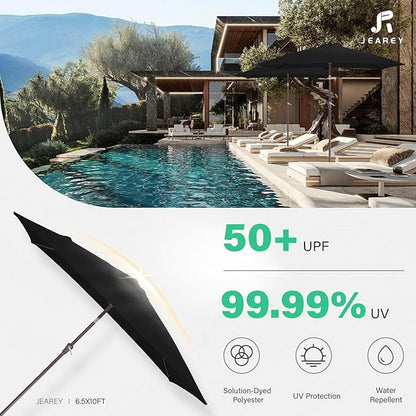 JEAREY 6.5x10 ft Rectangular Patio Umbrellas Rectangle Outdoor Umbrella with Push Button Tilt and Crank, Market Table Umbrella 6 Sturdy Ribs UV Protection for Poolside Garden Backyard Deck, Black