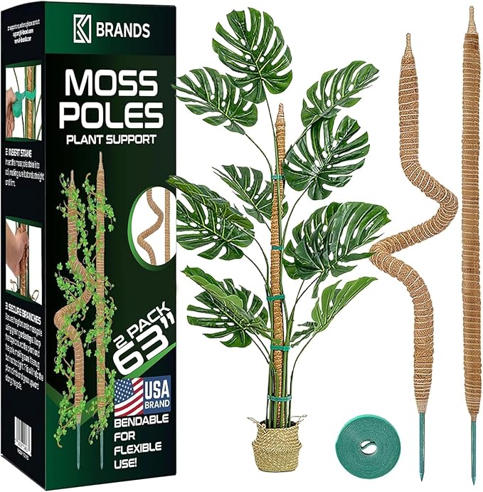 2 Pack 63'' Bendable Moss Pole Monstera Plant Support for Large Climbing Indoor Plants - Stakes for Potted Climbers - Tall Sticks Indoor Trellis for Houseplants - Accessories for Monstera Pot