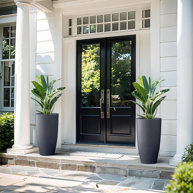 Kante 23.6" H Charcoal Concrete Tall Planters (Set of 2), Large Outdoor Indoor Decorative Plant Pots with Drainage Hole and Rubber Plug, Modern Style for Home and Garden