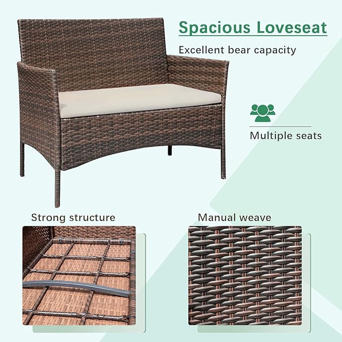 Greesum Patio Furniture 4 Pieces Conversation Sets Outdoor Wicker Rattan Chairs Garden Backyard Balcony Porch Poolside loveseat with Soft Cushion and Glass Table, Brown and Beige