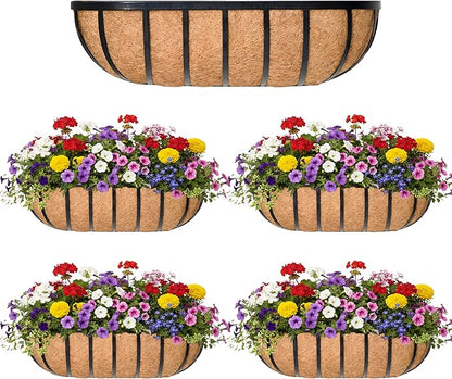 16“ Window Box Railing Planter with Coco Liner Metal Wall-Mounted Coconut Liner Basket English Horse Trough Planter for Outdoor Deck Balcony Porch Fence Patio Black (4 Pack)