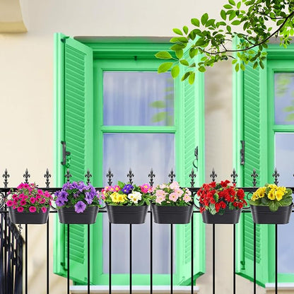 MADHOLLY Railing Planter with Drainage Holes - 6Pcs Sturdy Bucket Pots for Railing Fence, Countryside Style Metal Flower Pots for Herbs Balcony Garden Yard Decor, Black