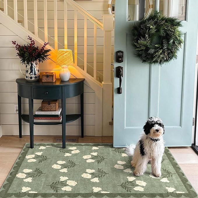 Outdoor Rug 3x5 Sage Green Floral Washable Entry Mat
