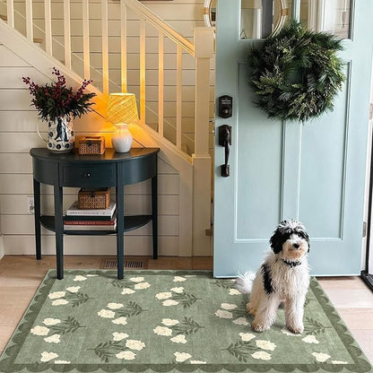 Outdoor Rug 3x5 Sage Green Floral Washable Entry Mat