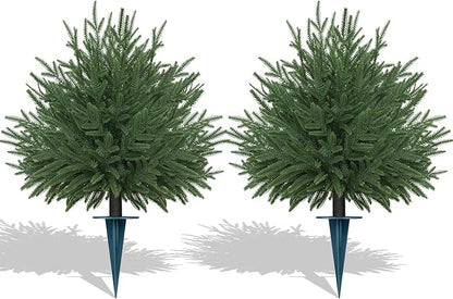 Artificial Norfolk Topiary Cedar Trees with Ground Spike, 2 Pieces Fake Pine Shrubs Bushes, UV Resistant Faux Evergreen Tree Plants for Indoor Outdoor Planters Front Porch