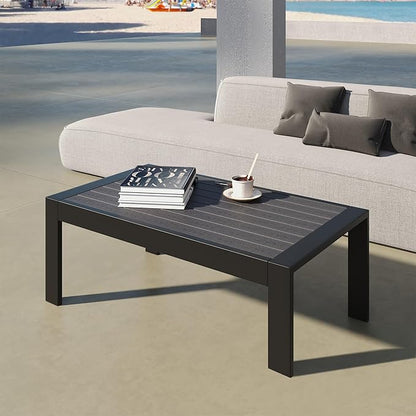 All-Weather Aluminum Outdoor Coffee Table, Modern Coffee Table for Outside, Rectangle Patio Coffee Table for Balcony Garden, Black