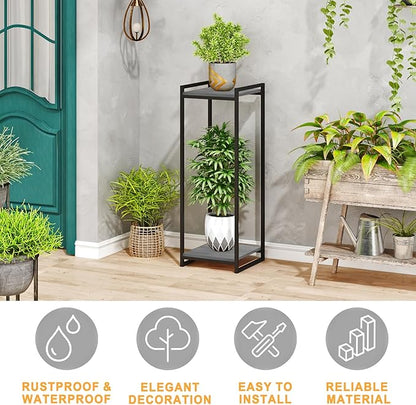 2-Tier Plant Stand Indoor, 34" Tall Modern Plant Shelf Corner Flower Pot Holder Organizer for Living Room Balcony Garden, Oak Grey