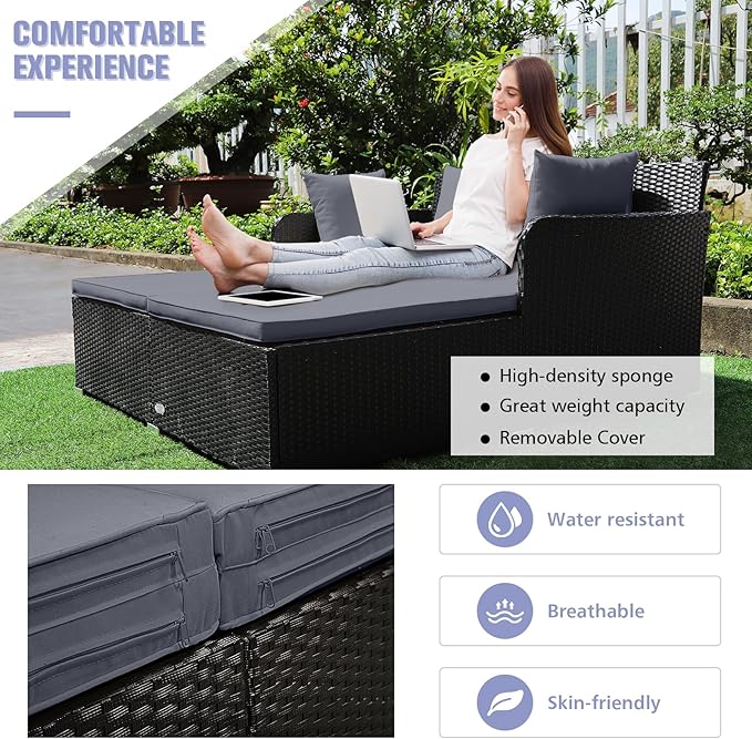 RELAX4LIFE Rattan Patio Outdoor Daybed, Wicker 2-Person Sunbed Loveseat with Soft Cushions, 4 Pillows, Curved Backrest & Armrest, Double Bed Lounger Sofa Set for Balcony Porch, Patio Bed (Grey)