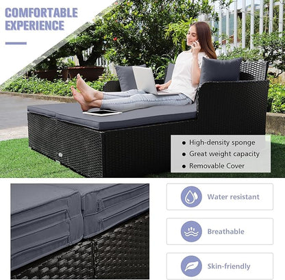 RELAX4LIFE Rattan Patio Outdoor Daybed, Wicker 2-Person Sunbed Loveseat with Soft Cushions, 4 Pillows, Curved Backrest & Armrest, Double Bed Lounger Sofa Set for Balcony Porch, Patio Bed (Grey)
