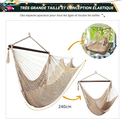 Bathonly Large Hammock Chair with Spreader Bar, Caribbean Hammock Swing Chair, XL Hammock Chair Outdoor Indoor, 330 LBS Weight Capacity, Light Brown