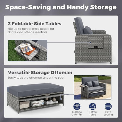HAPPYGRILL Patio Rattan Wicker Daybed with Loveseat & Storage Ottoman, Outdoor Lounge Sofa Furniture Set with Adjustable Backrest & Side Trays, for Poolside Deck Porch Lawn (Mix Grey & Grey)
