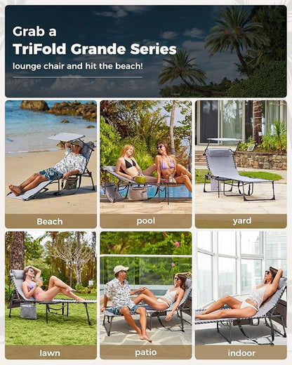 KingCamp Oversized Tanning Chair, Extra-Wide Padded Folding Chase Lounge Chairs Adjustable 5-Position 400lbs Heavy Duty Lounger with Double-Layer Oxford Canopy Shade for Outdoor Beach Patio Sun Pool