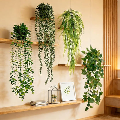 4 Pack Artificial Plants Wall Hanging Fake Plants Indoor for Shelf Boho Faux Eucalyptus Ivy Vine House Plants for Living Room Wall Backdrop Outdoor Decor