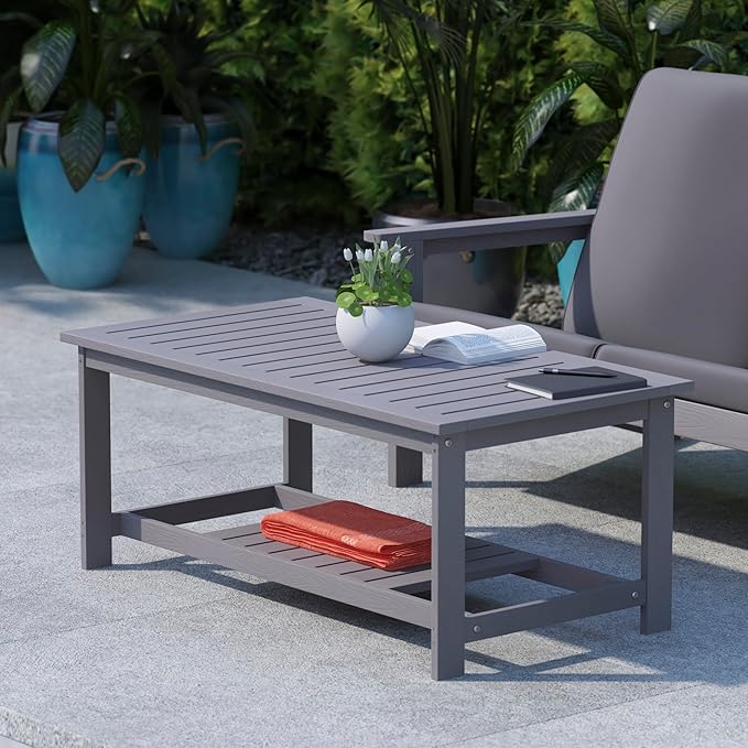 BizChair Two Tiered Commercial Grade Adirondack Coffee Table - Gray Finish Poly Resin Wood - All-Weather - Slatted Shelf Design