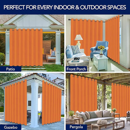 PureFit Outdoor Curtains for Patio Waterproof Weatherproof, UV Resistant Outside Curtains for Gazebo, Front Porch, Pergola, Sun Blocking Privacy Curtain, 120W x 84L inch, 1 Panel, Orange